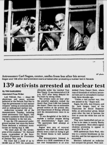 Sagan, arrested during the protest at a nuclear site in Nevada